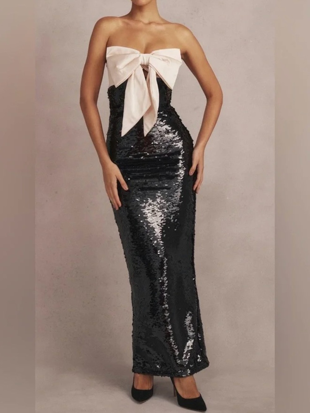 House of CB Holly Sequin Strapless Bow in black size XS_NWT